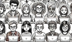 An AI-generated illustration of students at their computers. Only one student is drawn in color while the others are in black-and-white.