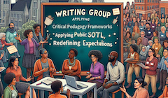 An AI-generated illustration of a large gathering of people around a chalkboard that reads "Writing Group."